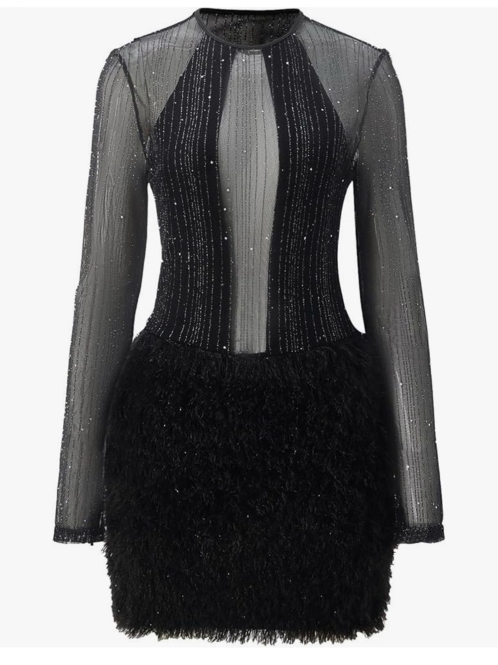Black Long-Sleeve Sheer Bodice Feather-Trim Mini Dress